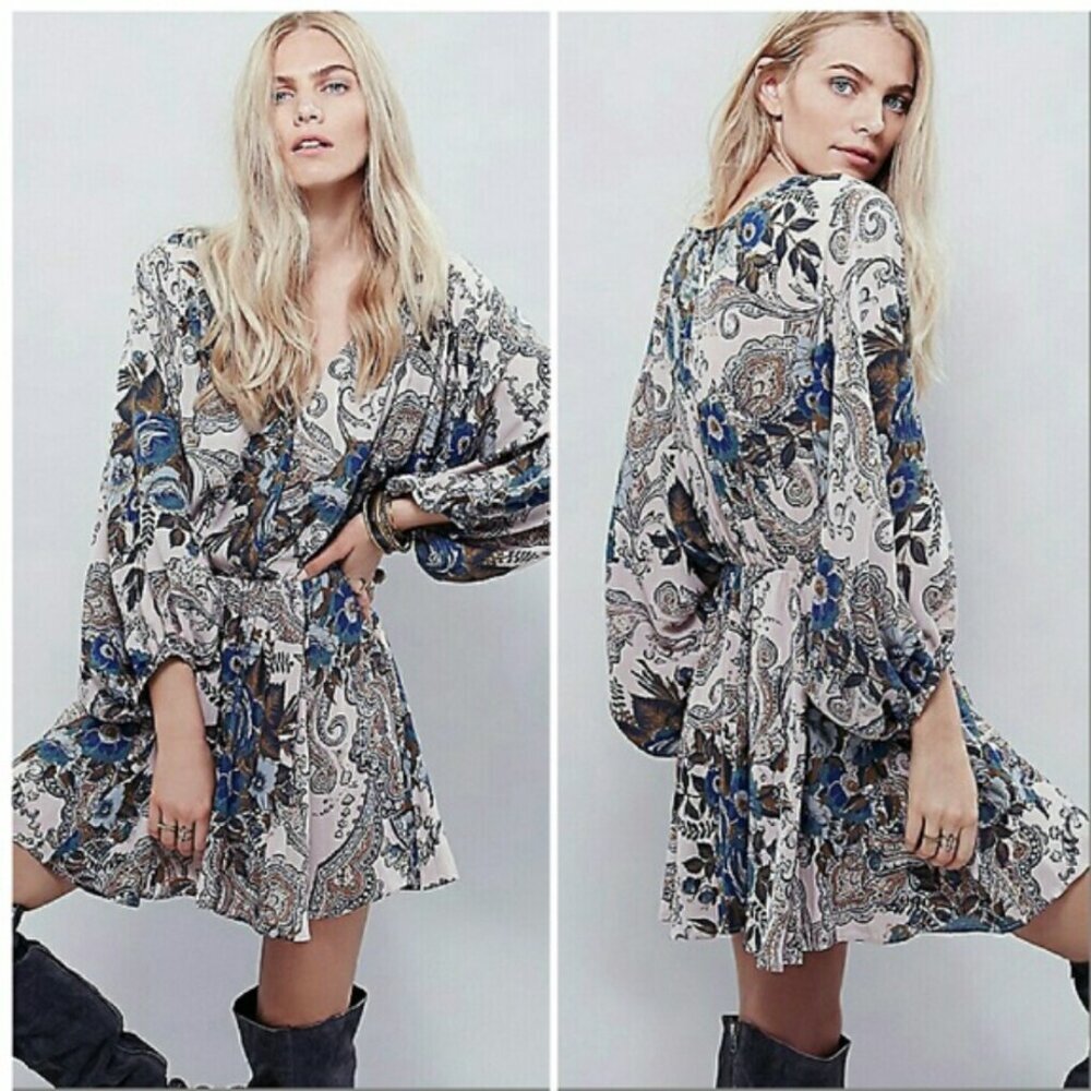 Free People High Plains Printed Mini Dress Ecru Paisley Floral Women's Large